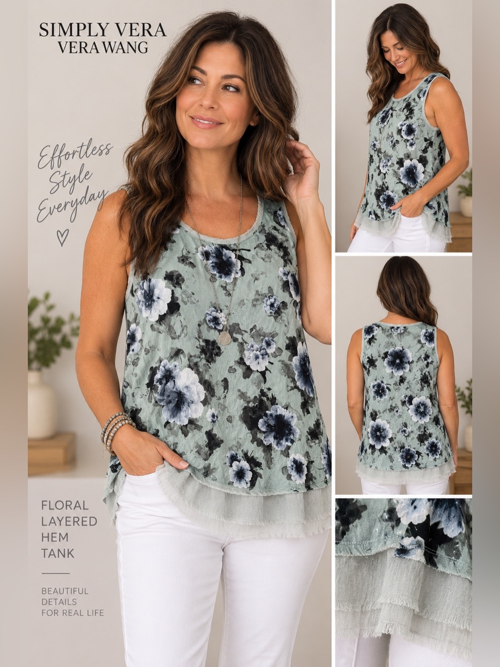 Simply Vera Vera Wang XL Sage Floral Layered Hem Sleeveless Tank Top